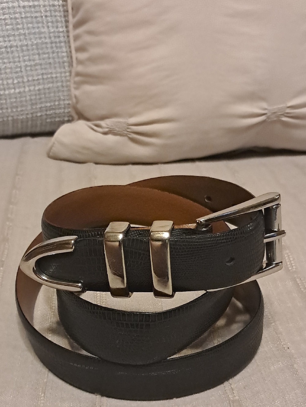 Black Genuine Leather Lizard Print Men’s Belt Silver Buckle Handmade in Italy